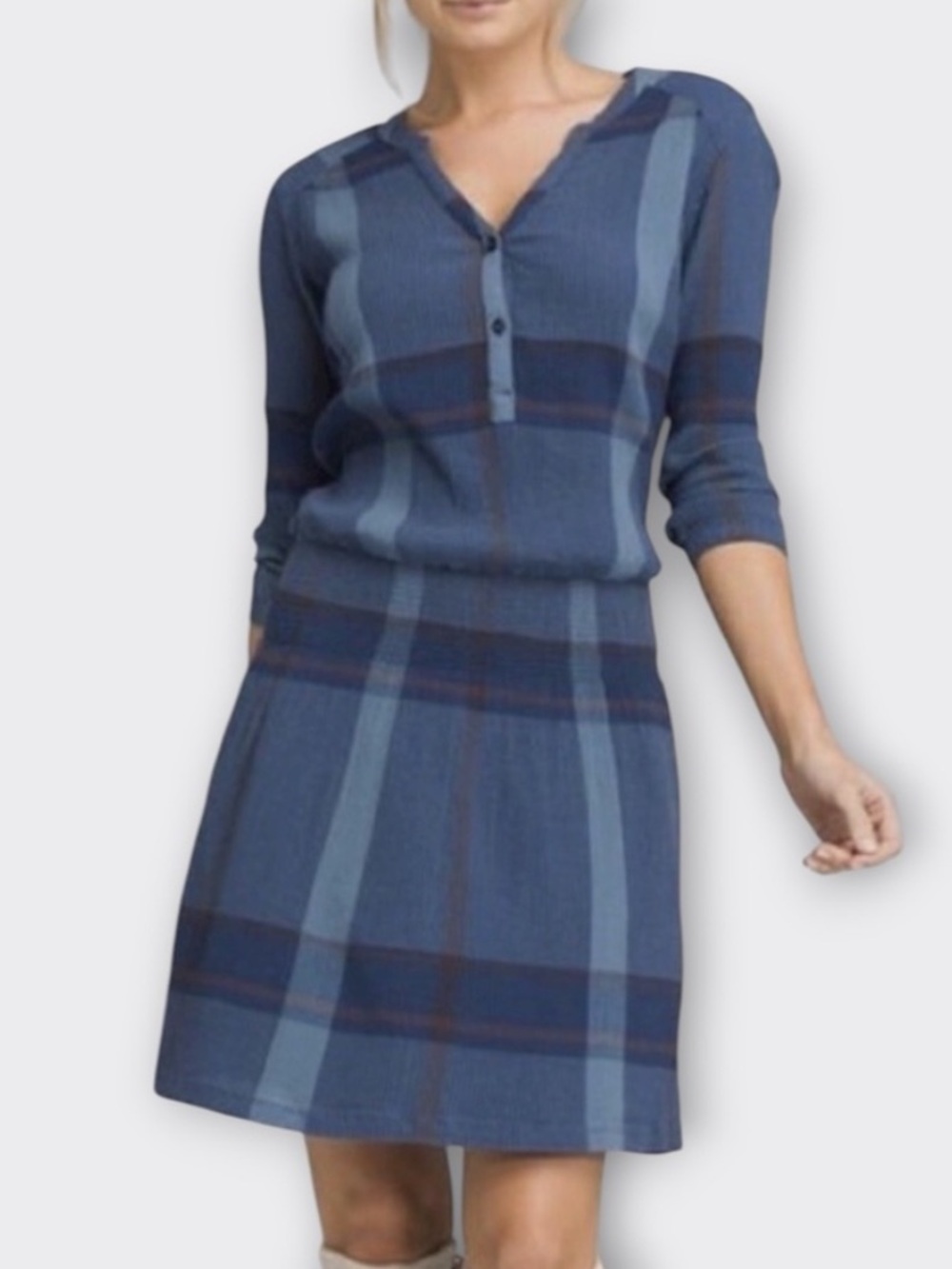 PrAna Blue Plaid Ribbed Knit V-neck Long Sleeve Dress - S